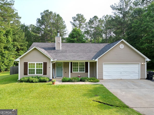 653 Al Roberts Rd, Senoia, GA 30276 - ranch-style house featuring a garage, concrete driveway, a chimney, a front yard, and a shingled roof