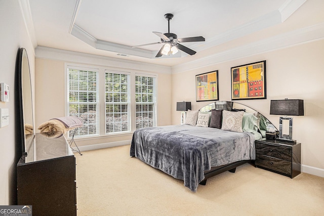 4445 Vanadium Bnd, Cumming, GA 30040 - bedroom with crown molding, light colored carpet, a raised ceiling, baseboards, and a ceiling fan