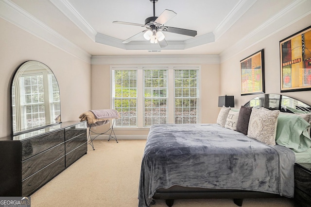 4445 Vanadium Bnd, Cumming, GA 30040 - carpeted bedroom featuring crown molding, multiple windows, a raised ceiling, and a ceiling fan