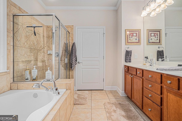 4445 Vanadium Bnd, Cumming, GA 30040 - full bathroom with a garden tub, double vanity, a shower stall, ornamental molding, and tile patterned floors