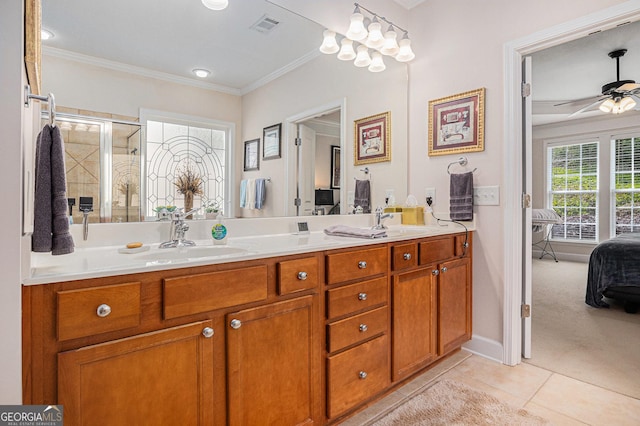 4445 Vanadium Bnd, Cumming, GA 30040 - full bath with crown molding, double vanity, tile patterned flooring, a shower with shower door, and ceiling fan