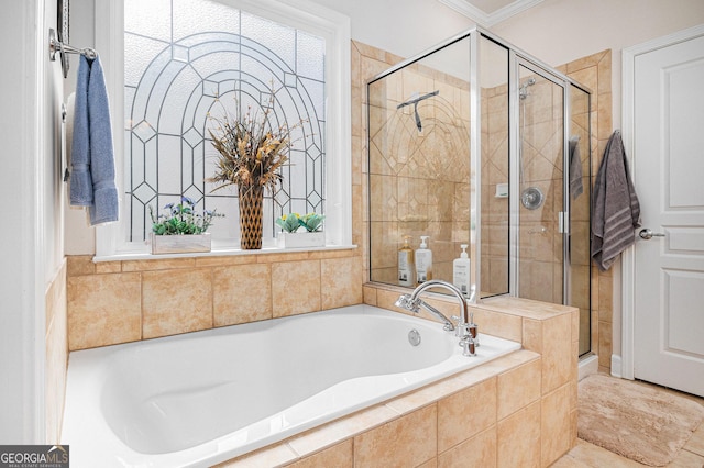 4445 Vanadium Bnd, Cumming, GA 30040 - bathroom featuring a garden tub, a stall shower, and ornamental molding