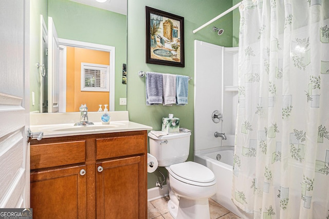 4445 Vanadium Bnd, Cumming, GA 30040 - bathroom with toilet, vanity, shower / tub combo with curtain, tile patterned flooring, and baseboards