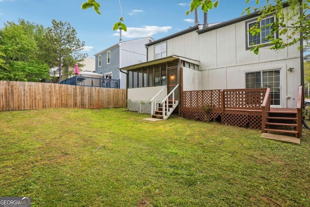 2049 Charter Ln, Lithonia, GA 30058 - back of property with a sunroom, a fenced backyard, and a wooden deck