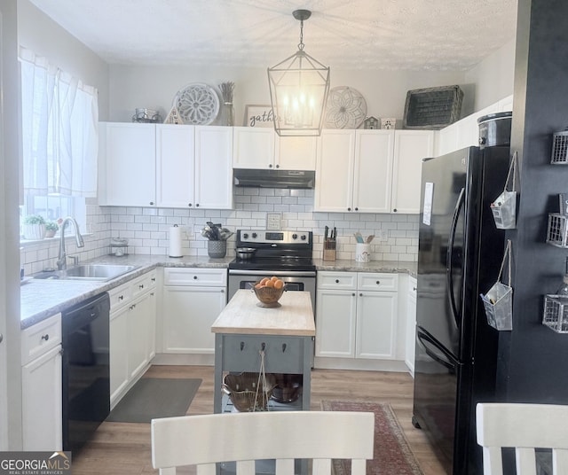 4863 Beacon Ridge Ln, Flowery Branch, GA 30542 - kitchen featuring black appliances, under cabinet range hood, a sink, light wood-style flooring, and white cabinets