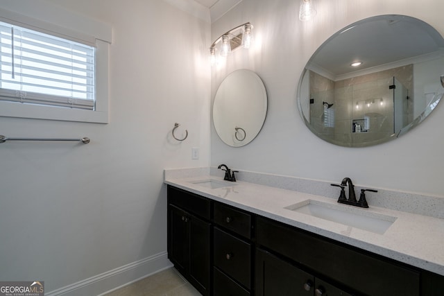 663 Oglethorpe Ave, Athens, GA 30606 - full bath with double vanity, a tile shower, ornamental molding, and tile patterned flooring