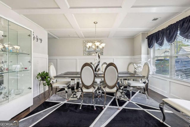 3126 Cove View Ct, Dacula, GA 30019 - dining space with coffered ceiling, a chandelier, wood finished floors, a wainscoted wall, and a decorative wall