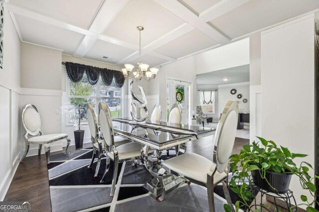 3126 Cove View Ct, Dacula, GA 30019 - dining area featuring coffered ceiling, wood finished floors, a chandelier, and beamed ceiling