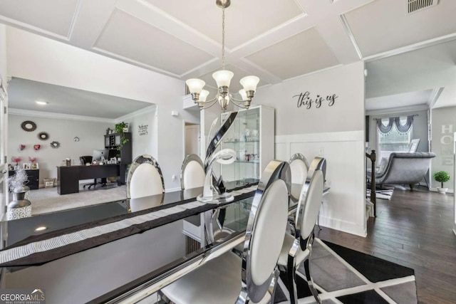 3126 Cove View Ct, Dacula, GA 30019 - dining space featuring wood finished floors, coffered ceiling, a chandelier, and crown molding
