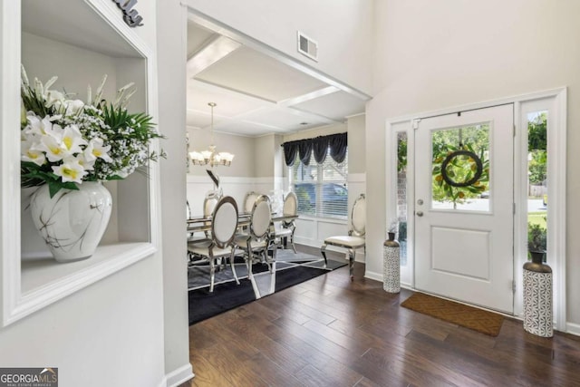 3126 Cove View Ct, Dacula, GA 30019 - entrance foyer featuring a chandelier, dark wood-type flooring, and coffered ceiling
