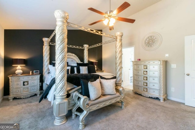 3126 Cove View Ct, Dacula, GA 30019 - bedroom with carpet flooring, a ceiling fan, and high vaulted ceiling