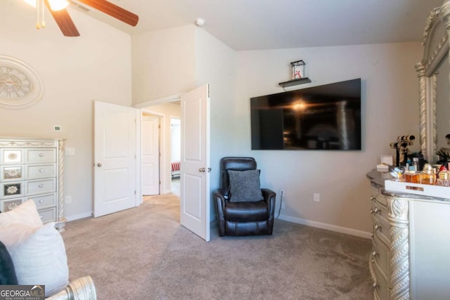 3126 Cove View Ct, Dacula, GA 30019 - living area featuring carpet floors, a ceiling fan, and high vaulted ceiling