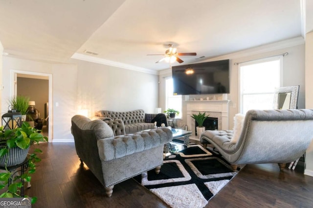 3126 Cove View Ct, Dacula, GA 30019 - living area with a ceiling fan, dark wood-style floors, healthy amount of natural light, a fireplace, and ornamental molding