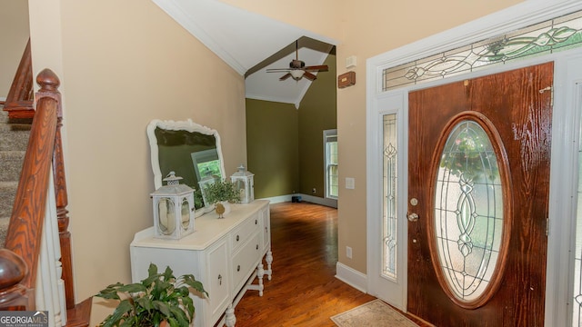 219 Periwinkle Way, Pendergrass, GA 30567 - foyer entrance featuring wood finished floors, crown molding, ceiling fan, plenty of natural light, and stairway