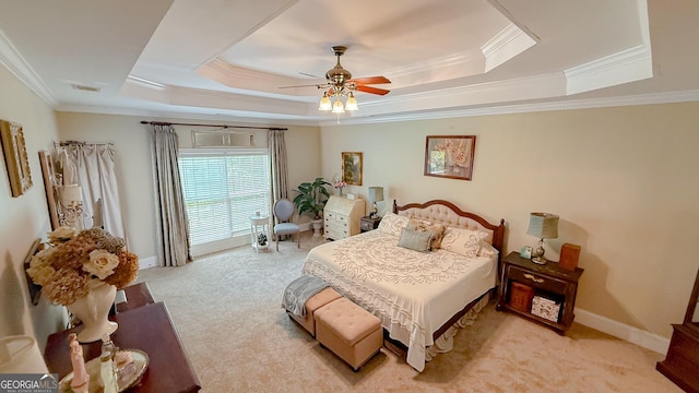 219 Periwinkle Way, Pendergrass, GA 30567 - bedroom with a tray ceiling, light colored carpet, ornamental molding, baseboards, and ceiling fan