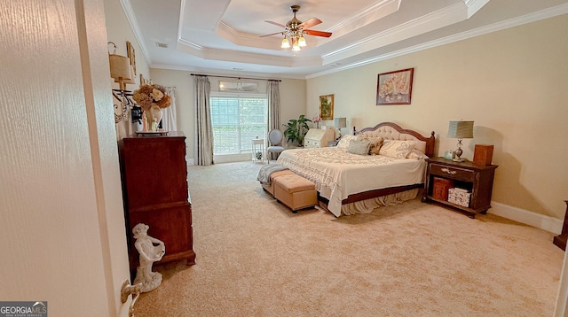 219 Periwinkle Way, Pendergrass, GA 30567 - bedroom with carpet floors, crown molding, a raised ceiling, and ceiling fan