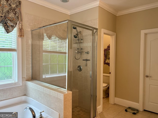 219 Periwinkle Way, Pendergrass, GA 30567 - full bath featuring a stall shower, tile patterned flooring, plenty of natural light, toilet, and ornamental molding