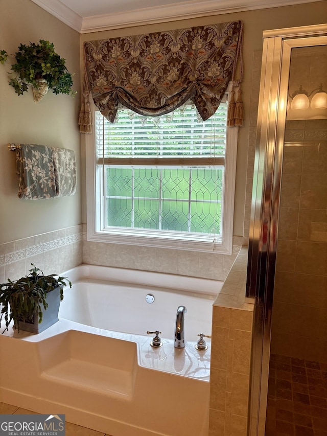 219 Periwinkle Way, Pendergrass, GA 30567 - full bath featuring ornamental molding, a bath, and a stall shower