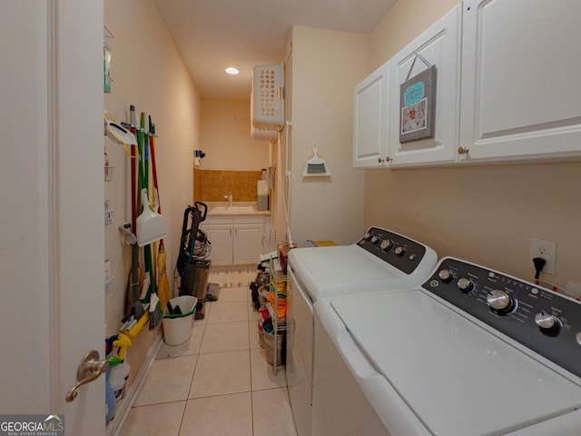 219 Periwinkle Way, Pendergrass, GA 30567 - laundry room featuring cabinet space, separate washer and dryer, tile patterned floors, and recessed lighting