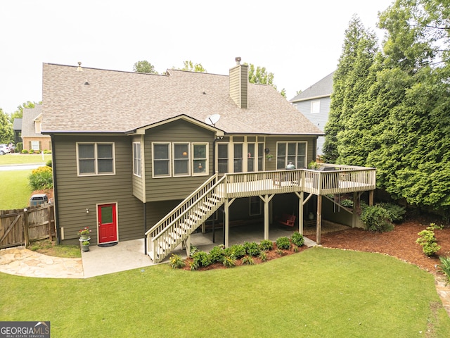 2059 Ivey Chase Dr, Dacula, GA 30019 - back of property with a patio area, stairs, a deck, a shingled roof, and a chimney