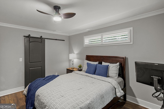 528 Allendale Dr, Decatur, GA 30032 - bedroom featuring a barn door, baseboards, wood finished floors, ornamental molding, and ceiling fan