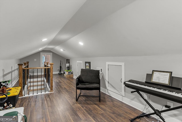 528 Allendale Dr, Decatur, GA 30032 - sitting room featuring an upstairs landing, wood finished floors, vaulted ceiling, and baseboards