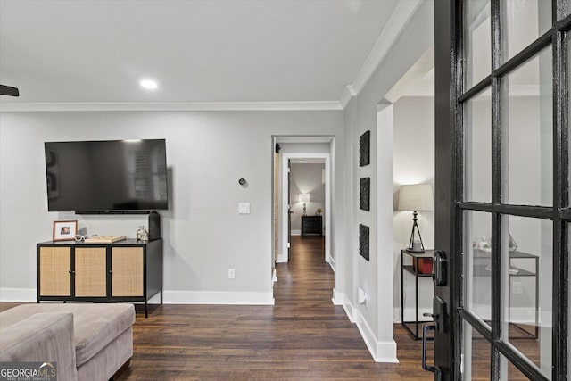 528 Allendale Dr, Decatur, GA 30032 - living room featuring dark wood-style flooring, ornamental molding, and baseboards