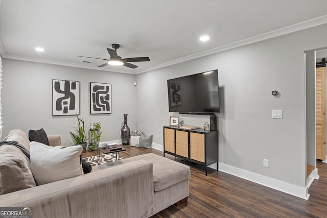 528 Allendale Dr, Decatur, GA 30032 - living room featuring a ceiling fan, baseboards, dark wood finished floors, recessed lighting, and ornamental molding