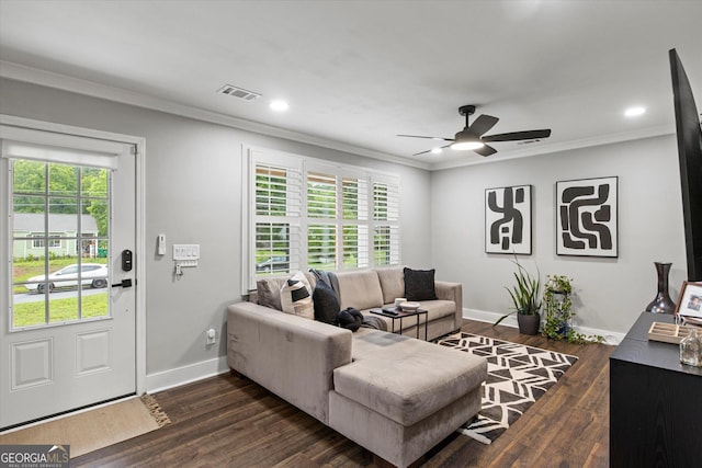 528 Allendale Dr, Decatur, GA 30032 - living area featuring ornamental molding, baseboards, a ceiling fan, dark wood-style flooring, and recessed lighting