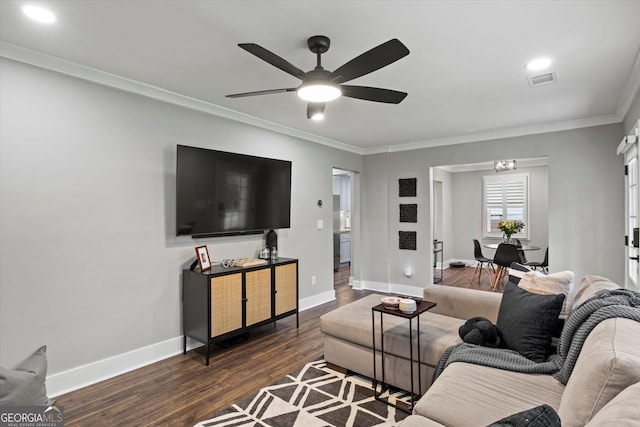 528 Allendale Dr, Decatur, GA 30032 - living area featuring dark wood-type flooring, ceiling fan, ornamental molding, baseboards, and recessed lighting