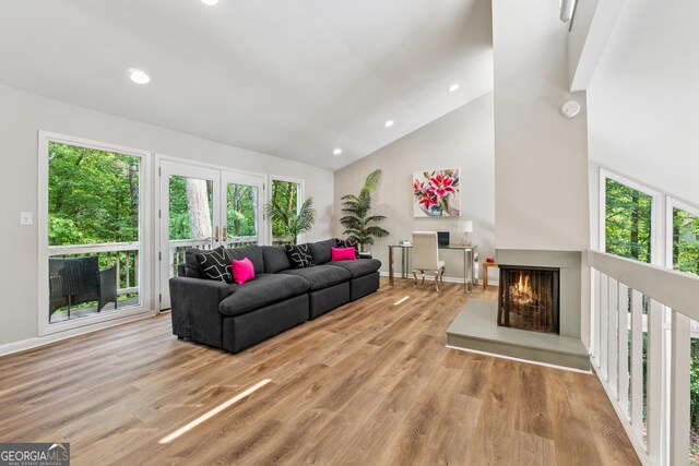 1720 Little Willeo Rd, Marietta, GA 30068 - living area with healthy amount of natural light, a multi sided fireplace, wood finished floors, recessed lighting, and high vaulted ceiling