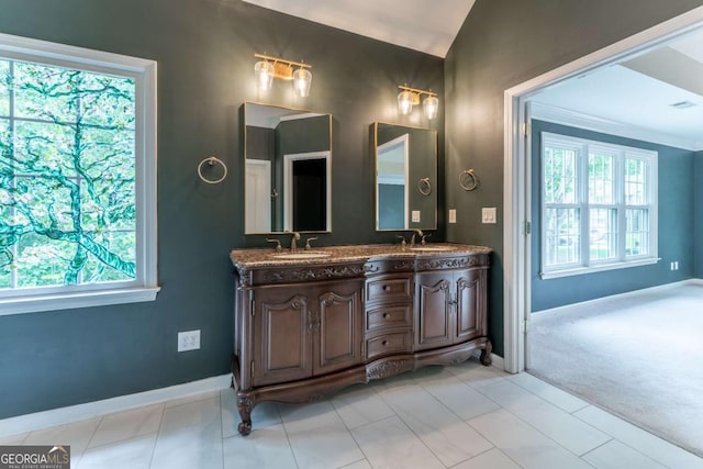 3801 Stonebriar Ln, Duluth, GA 30097 - full bath featuring double vanity, baseboards, and lofted ceiling