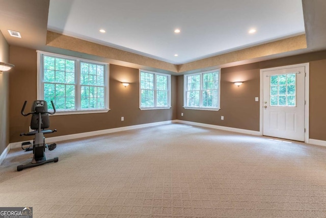 3801 Stonebriar Ln, Duluth, GA 30097 - workout area with carpet flooring, a tray ceiling, and recessed lighting