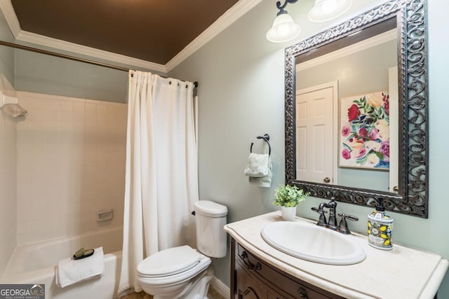 5676 Mount Berry Ln, Peachtree Corners, GA 30092 - full bath featuring crown molding, vanity, toilet, and shower / bath combination with curtain