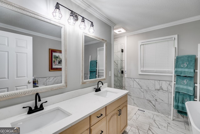 212 Teepee Trl, Whitesburg, GA 30185 - bathroom with marble look tile flooring, ornamental molding, a soaking tub, double vanity, and a textured ceiling
