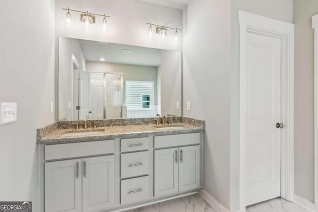4300 Links Blvd, Jefferson, GA 30549 - full bath with marble finish floors, a shower stall, double vanity, and baseboards