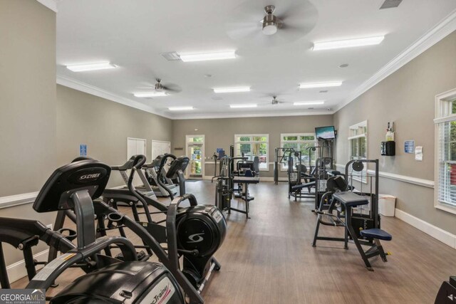 4300 Links Blvd, Jefferson, GA 30549 - exercise room with ceiling fan, wood finished floors, baseboards, and ornamental molding