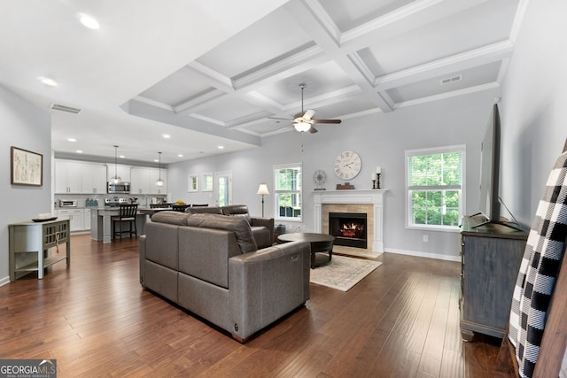 8 Saint Charles Ave, Sharpsburg, GA 30277 - living room featuring ceiling fan, dark wood finished floors, a fireplace with flush hearth, beamed ceiling, and coffered ceiling