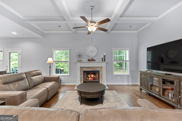 8 Saint Charles Ave, Sharpsburg, GA 30277 - living room with coffered ceiling, a lit fireplace, a ceiling fan, beamed ceiling, and wood finished floors