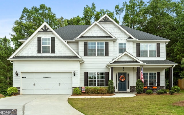 8 Saint Charles Ave, Sharpsburg, GA 30277 - craftsman inspired home with concrete driveway, a front yard, stone siding, a shingled roof, and a garage