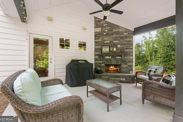 8 Saint Charles Ave, Sharpsburg, GA 30277 - view of patio featuring ceiling fan, grilling area, and an outdoor living space with a fireplace