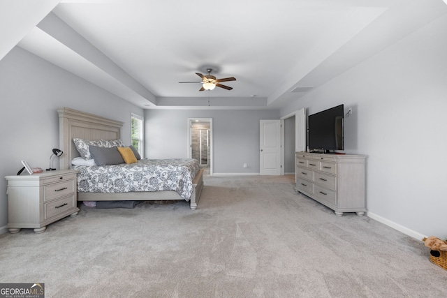 8 Saint Charles Ave, Sharpsburg, GA 30277 - bedroom featuring baseboards, light colored carpet, a raised ceiling, and ceiling fan