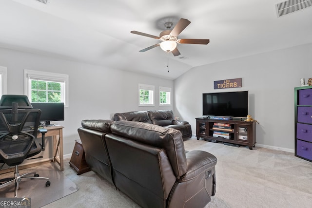 8 Saint Charles Ave, Sharpsburg, GA 30277 - living area featuring light colored carpet, a ceiling fan, a desk, baseboards, and lofted ceiling