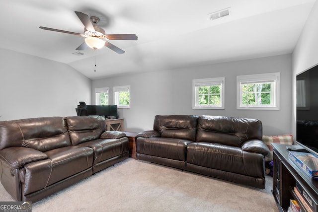 8 Saint Charles Ave, Sharpsburg, GA 30277 - living room with ceiling fan, light colored carpet, and vaulted ceiling