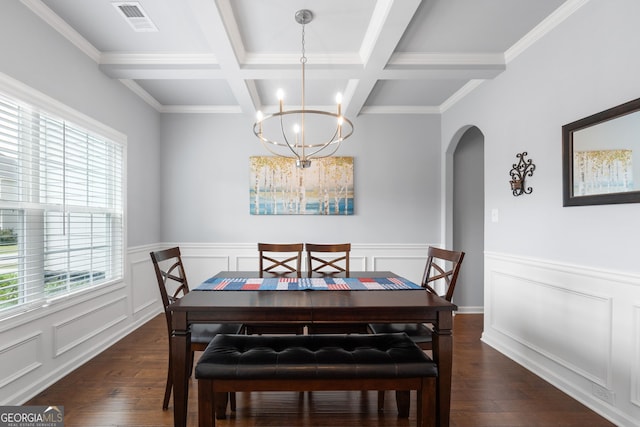 8 Saint Charles Ave, Sharpsburg, GA 30277 - dining space featuring arched walkways, dark wood-style flooring, beamed ceiling, a chandelier, and coffered ceiling