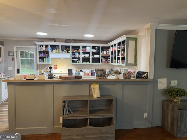 2935 Southshore Dr, Macon, GA 31204 - bar area featuring wood finished floors, tasteful backsplash, and crown molding