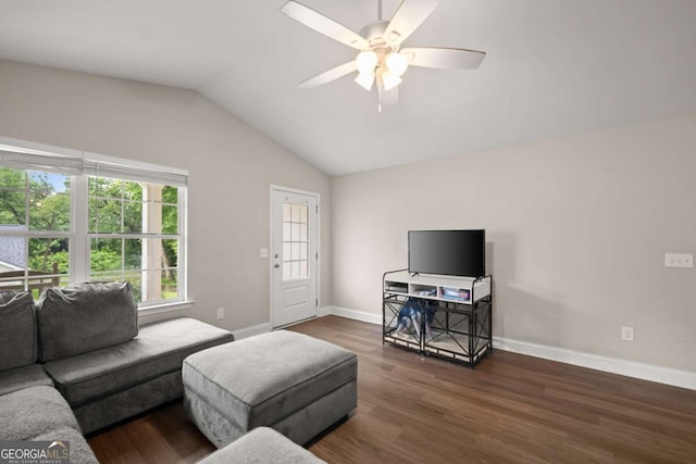 1672 Meadow Lark Ln, Gainesville, GA 30501 - living room featuring a ceiling fan, vaulted ceiling, and wood finished floors