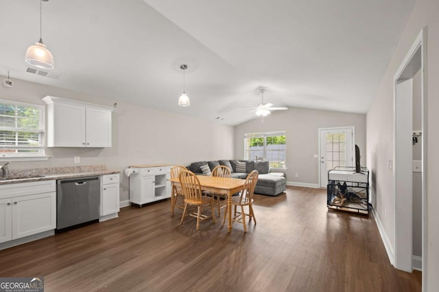 1672 Meadow Lark Ln, Gainesville, GA 30501 - kitchen featuring dishwasher, dark wood-style floors, vaulted ceiling, white cabinets, and ceiling fan