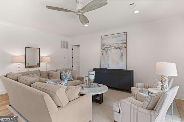 616 Neptune Way, Saint Simons, GA 31522 - living room featuring ceiling fan, recessed lighting, and light wood-type flooring