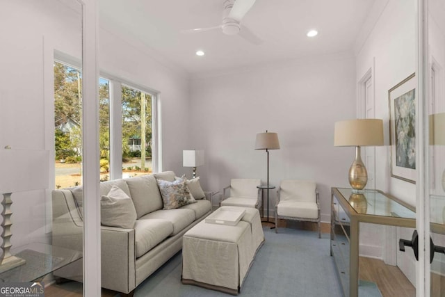 616 Neptune Way, Saint Simons, GA 31522 - living room with ceiling fan, recessed lighting, ornamental molding, and wood finished floors